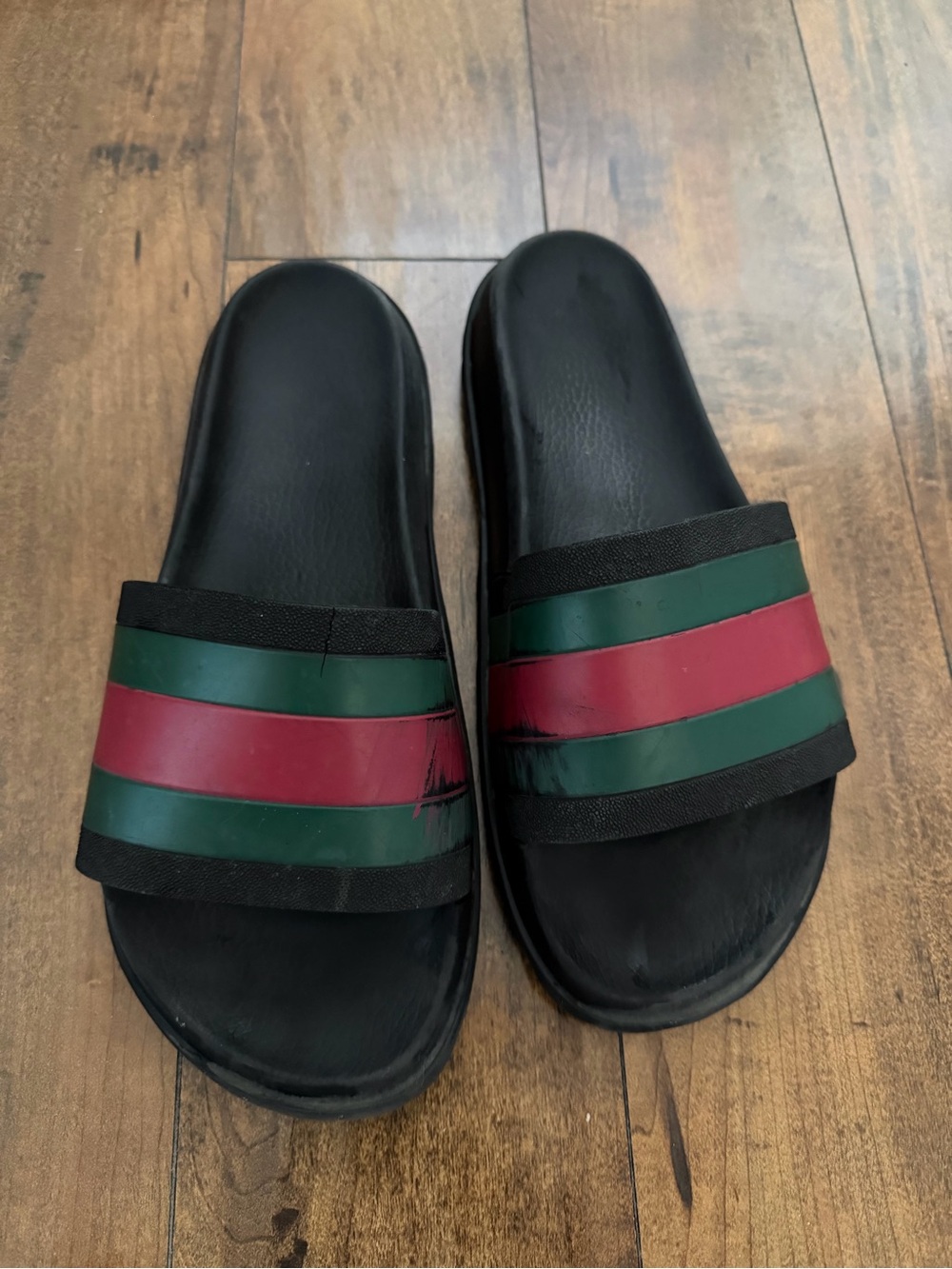 Authentic Gucci Black Slides with Green and Red Stripes